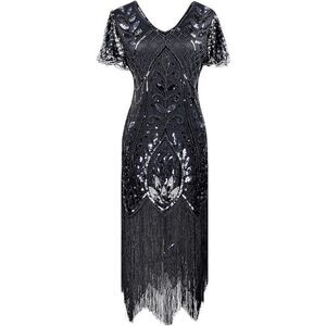 ✨ Flapper Great Gatsby 1920s Retro Tassel Fringe Sequin Midi Black Dress XL NEW